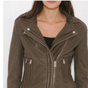 IRO Brown Leather Moto Jacket Black Stretch Panels‎ Silver Zipper Y2K Motorcycle